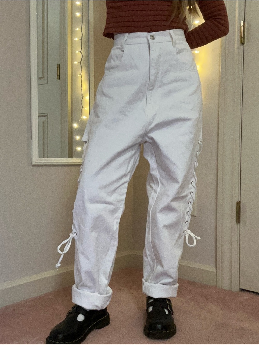 Vintage White High Waisted Lace Up Jeans